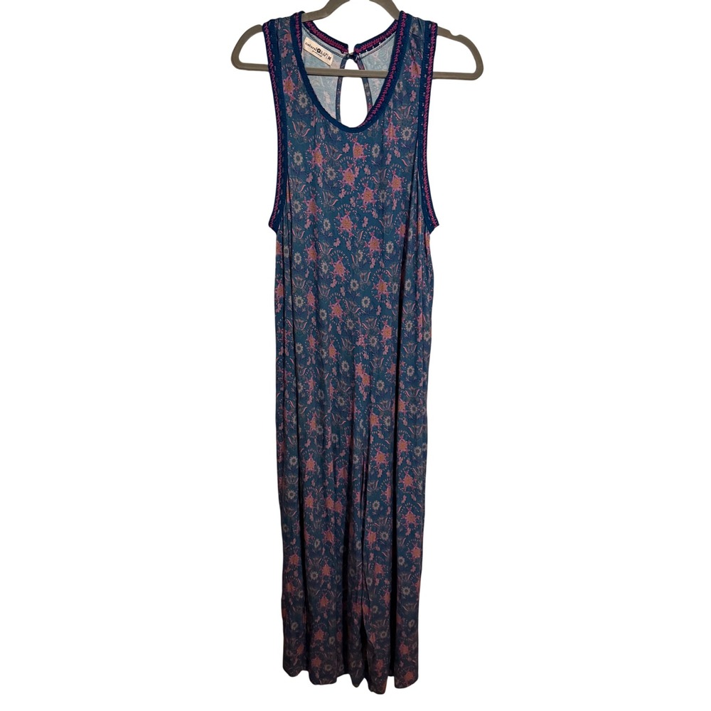 Natural Life Blue Floral Crochet Trim Wide Leg Jumpsuit Medium Boho Lounge - Picture 2 of 8